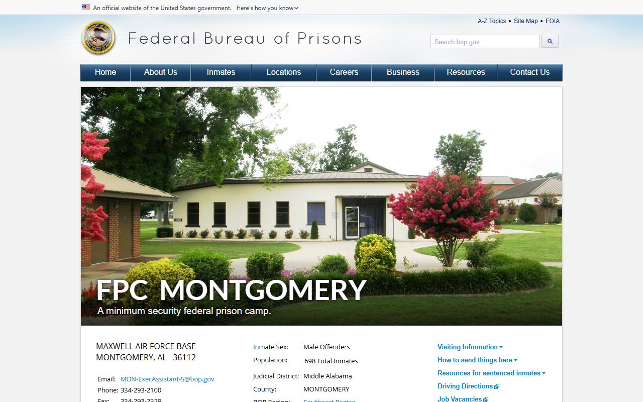 BOP FPC Montgomery facility page for the minimum-security federal prison camp