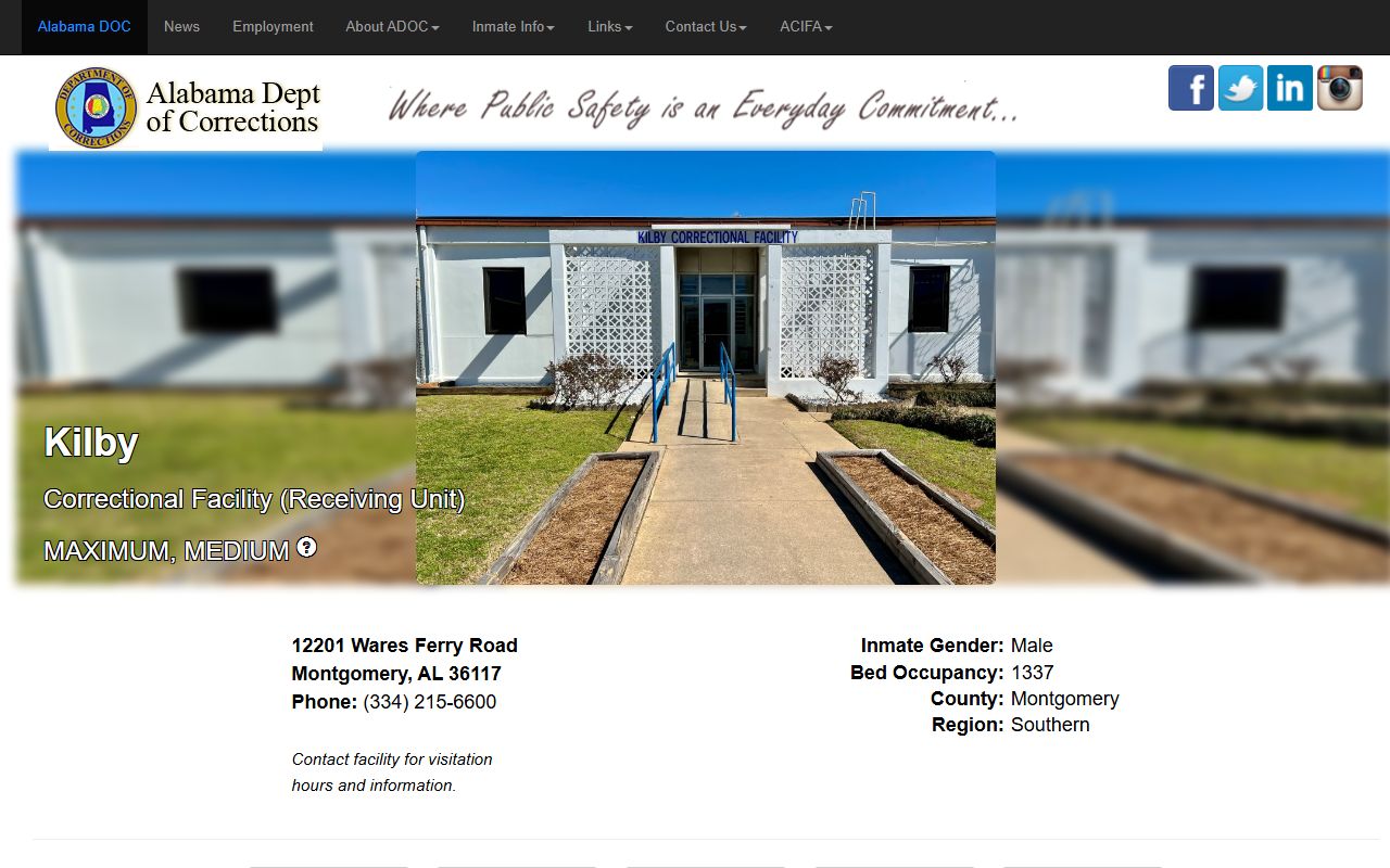 Kilby Correctional Facility ADOC inmate search and population page for Montgomery County