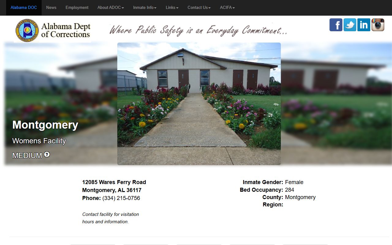 ADOC Montgomery Women's Facility page with address, phone, population, and work center description