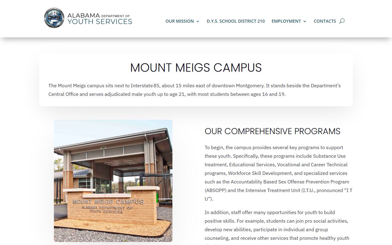DYS Mount Meigs Campus page with youth custody, programs, visitation note, and contact information