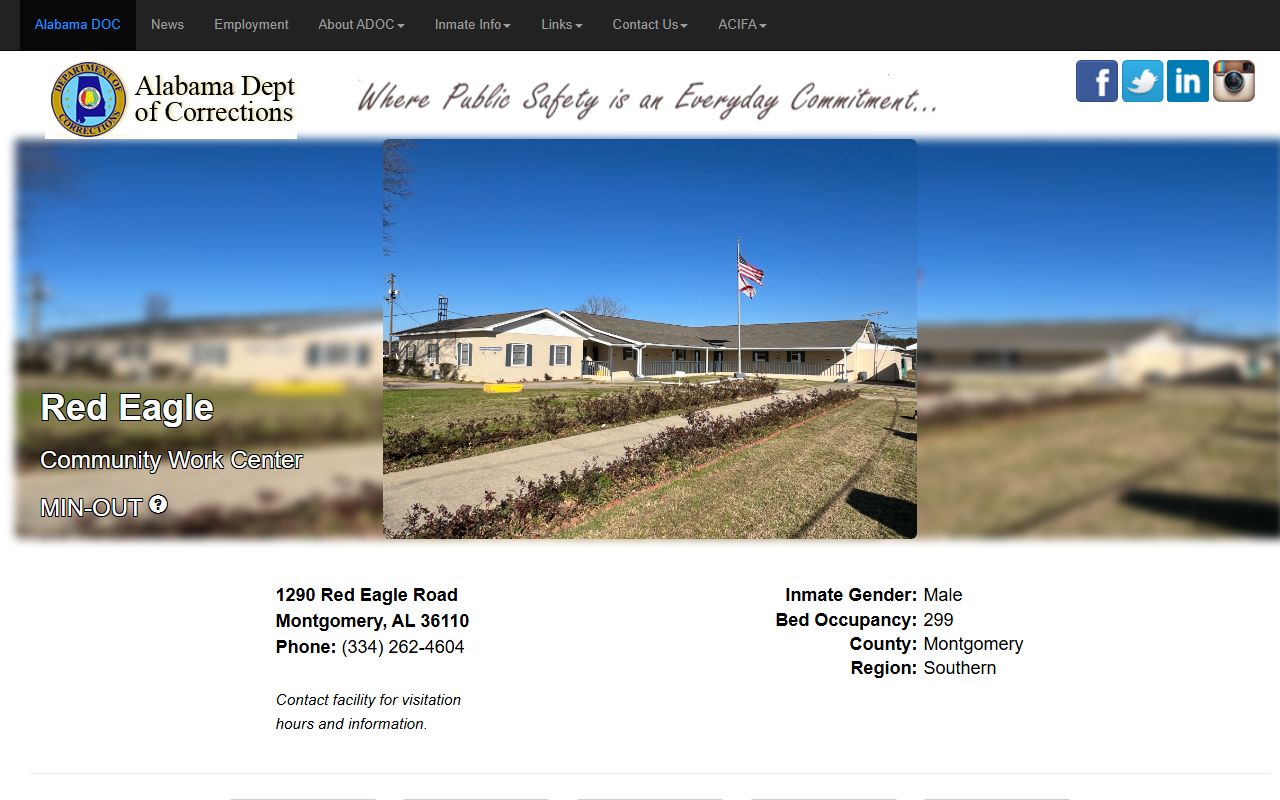ADOC Red Eagle Community Work Center page with minimum-out custody, population, and work program details