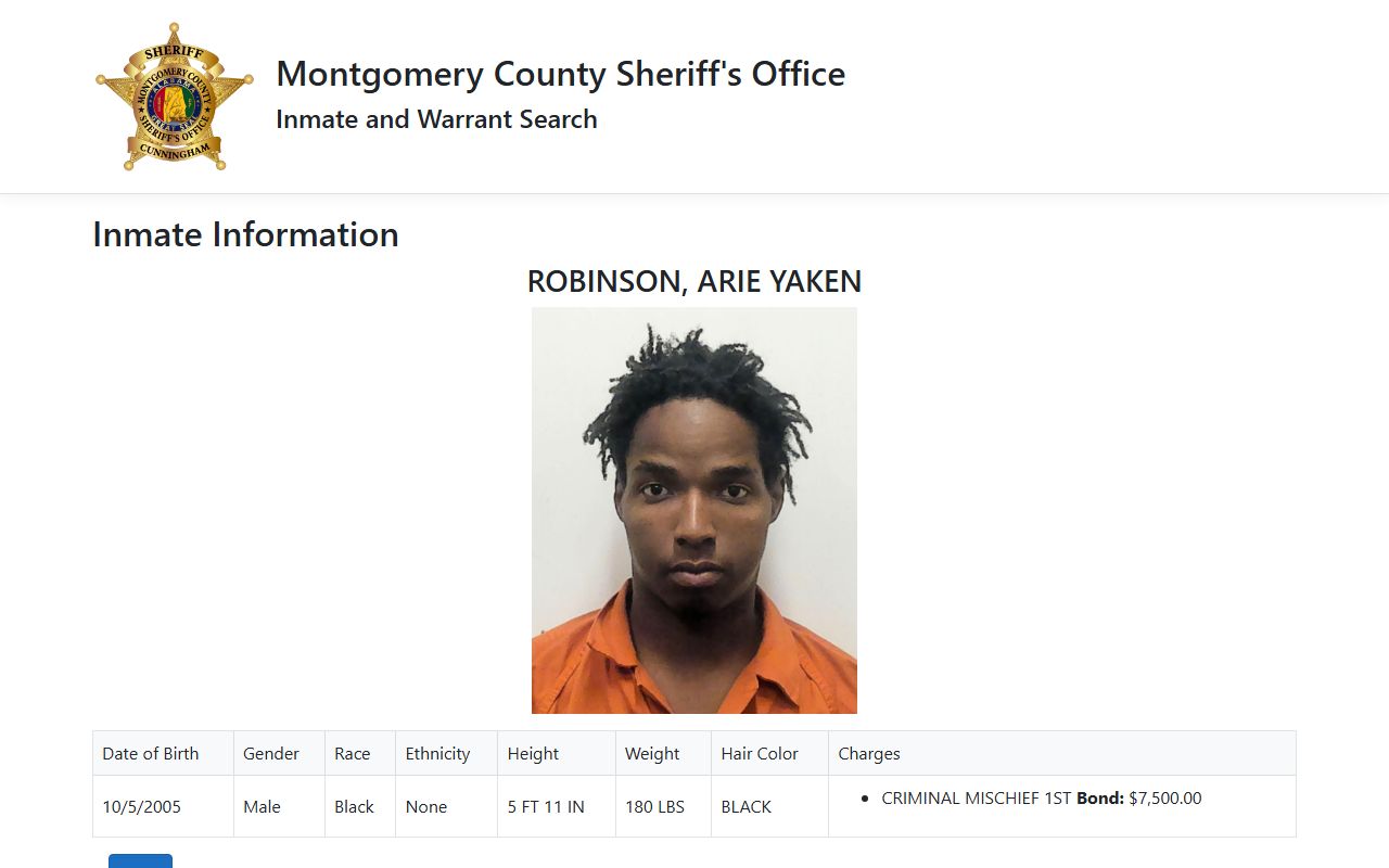Montgomery County jail mugshot and inmate profile fields